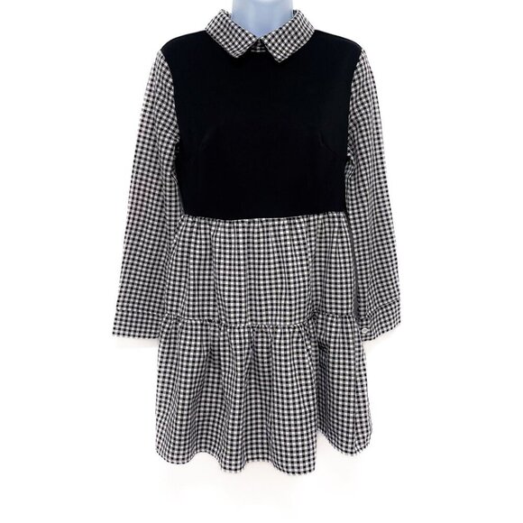 Gingham Plaid Collared Ruffle Shirt Dress Long Sleeve Black White Small 4 - Picture 2 of 8